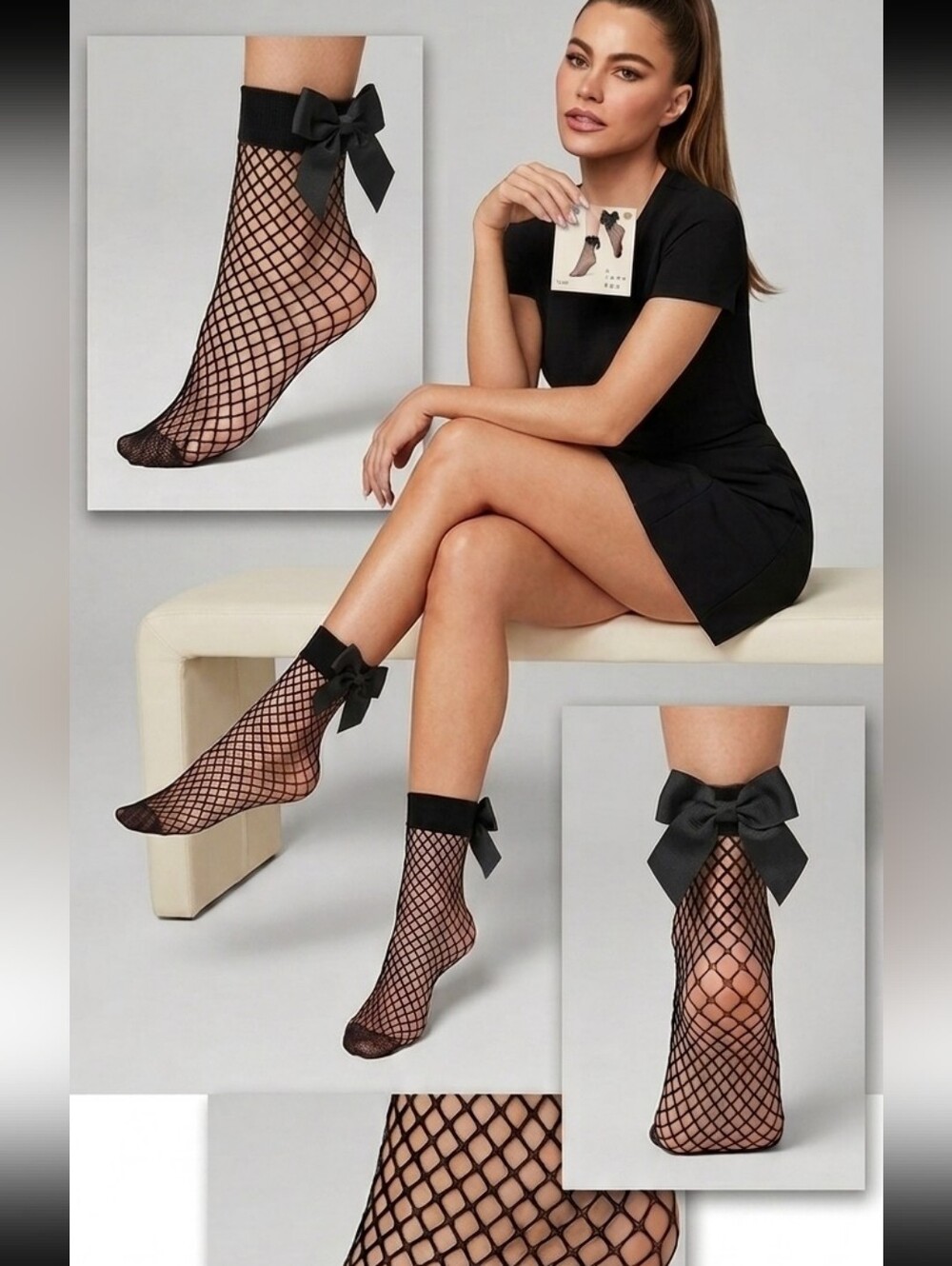 Nwt A New Day Fishnet Fashion Anklets Ebony Black w/ Grosgrain Bow One Size